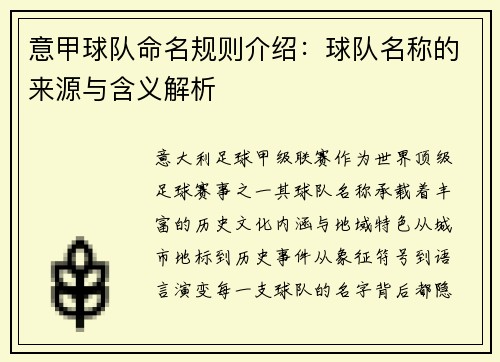 意甲球队命名规则介绍：球队名称的来源与含义解析