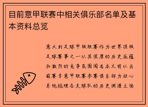 目前意甲联赛中相关俱乐部名单及基本资料总览