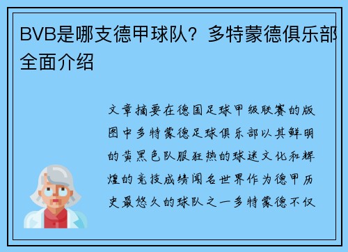 BVB是哪支德甲球队？多特蒙德俱乐部全面介绍