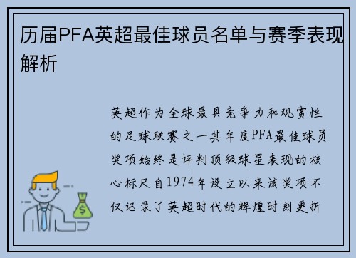 历届PFA英超最佳球员名单与赛季表现解析